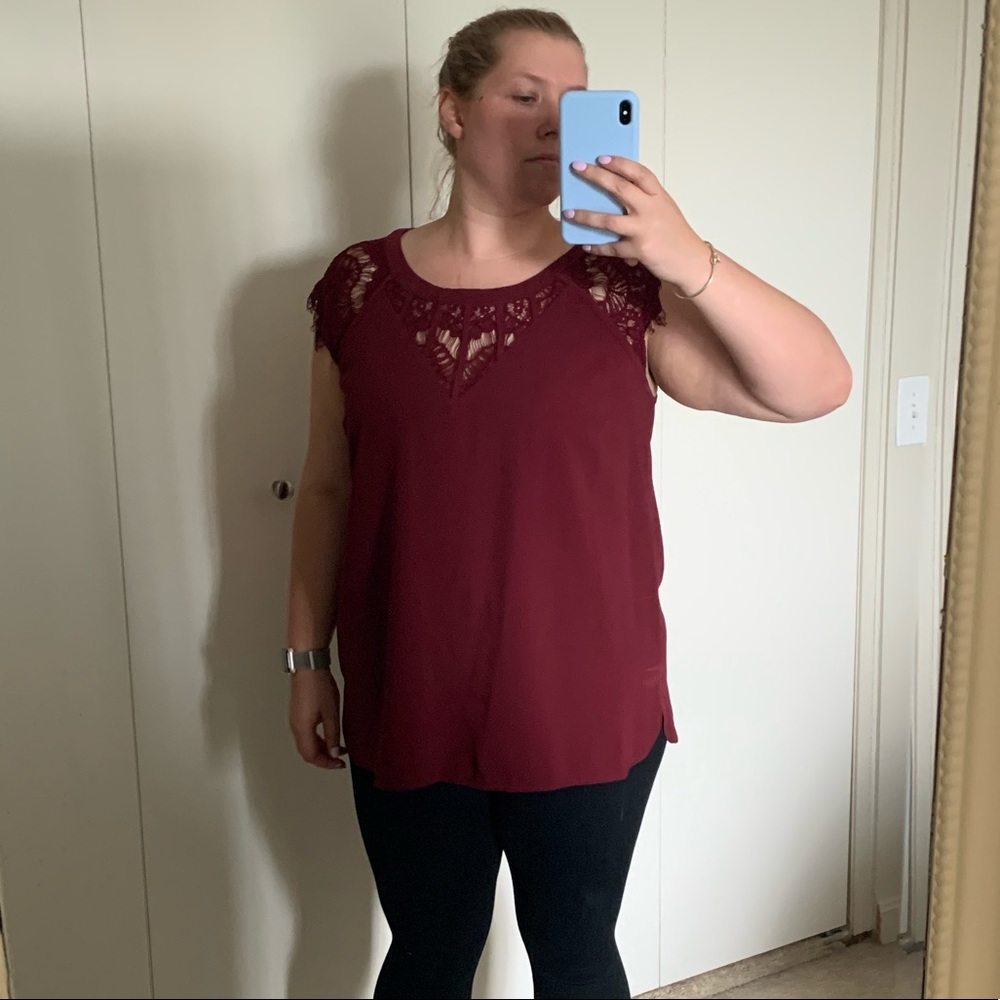 Truly Poppy cranberry blouse lace detail plus size